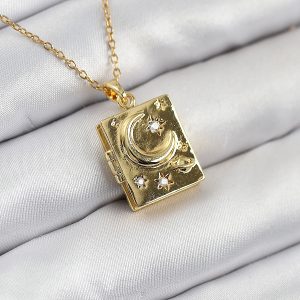316L Çelik Zirkon Taşlı Açılabilr Kapaklı Kitap Model Gold Renk Kadın Kolye