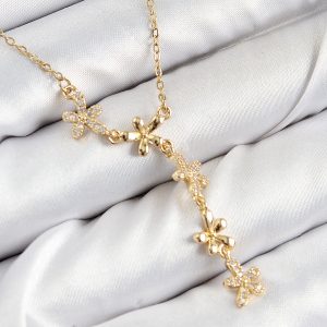 316L Çelik Zirkon Taşlı Çiçek Model Gold Renk Kadın Kolye