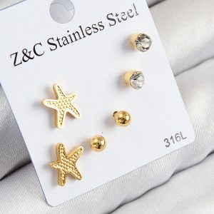 316L Çelik Zirkon Taşlı Deniz Yıldızı Model Gümüş Renk Kadın Set Küpe