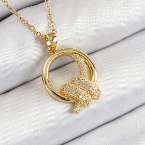 316L Çelik Zirkon Taşlı Düğüm Model Gold Renk Kadın Kolye