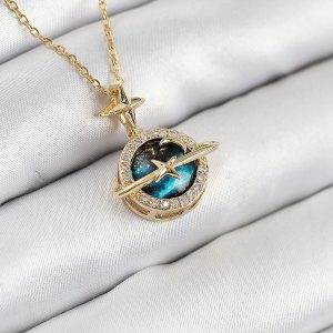 316L Çelik Zirkon Taşlı Gezegen Model Gold Renk Kadın Kolye