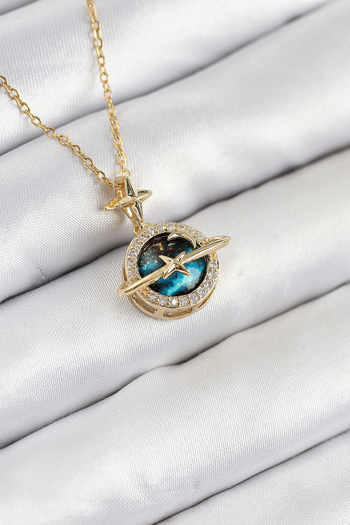 316L Çelik Zirkon Taşlı Gezegen Model Gold Renk Kadın Kolye