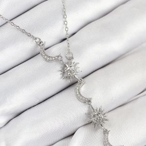 316L Çelik Zirkon Taşlı Güneş Ve Ay Model Gümüş Renk Kadın Kolye