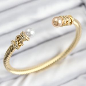 316L Çelik Zirkon Taşlı İnci Model Gold Renk Kadın Bileklik