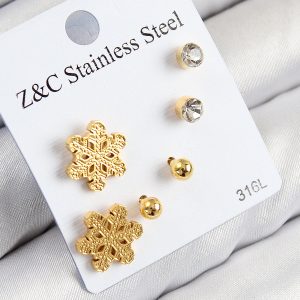 316L Çelik Zirkon Taşlı Kar Tanesi Model Gold Renk Kadın Set Küpe
