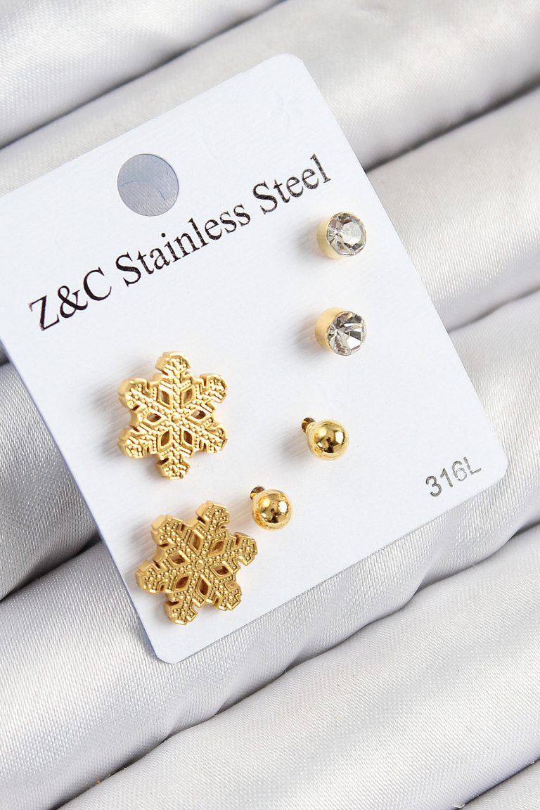 316L Çelik Zirkon Taşlı Kar Tanesi Model Gold Renk Kadın Set Küpe