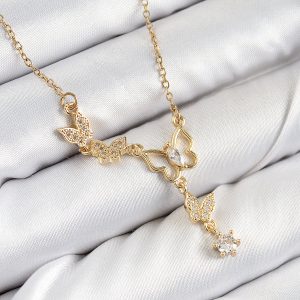 316L Çelik Zirkon Taşlı Kelebek Model Gold Renk Kadın Kolye