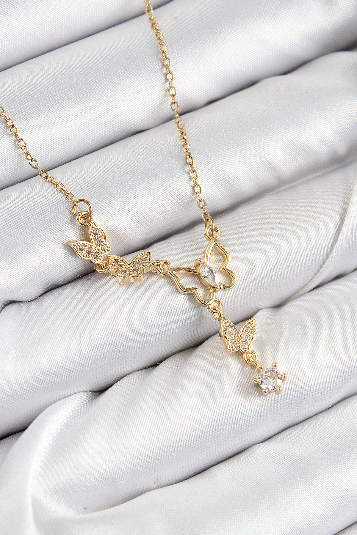 316L Çelik Zirkon Taşlı Kelebek Model Gold Renk Kadın Kolye