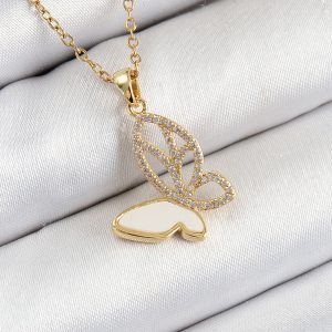 316L Çelik Zirkon Taşlı Kelebek Model Gold Renk Kadın Kolye