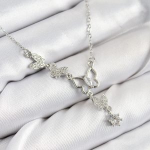 316L Çelik Zirkon Taşlı Kelebek Model Gümüş Renk Kadın Kolye