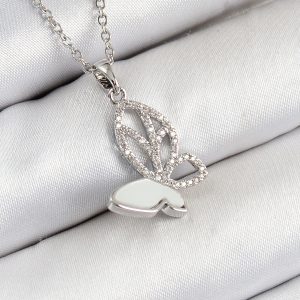 316L Çelik Zirkon Taşlı Kelebek Model Gümüş Renk Kadın Kolye