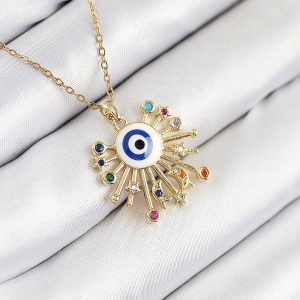 316L Çelik Zirkon Taşlı Nazar Model Gold Renk Kadın Kolye