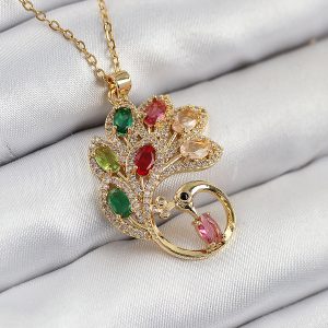 316L Çelik Zirkon Taşlı Tavus Kuşu Model Gold Renk Kadın Kolye