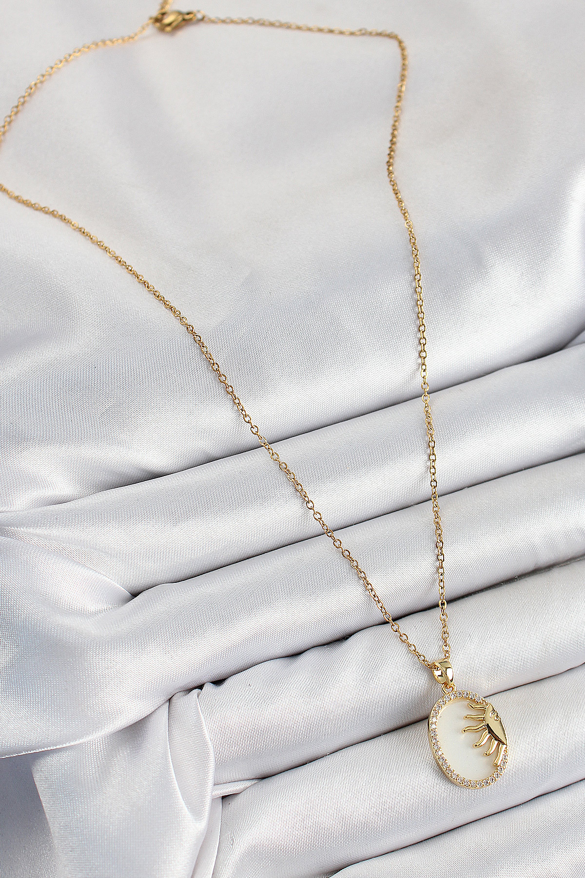 316L Çelik Zirkon Taşlı Yarım Güneş Model Gold Renk Kadın Kolye