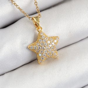 316L Çelik Zirkon Taşlı Yıldız Model Gold Renk Kadın Kolye
