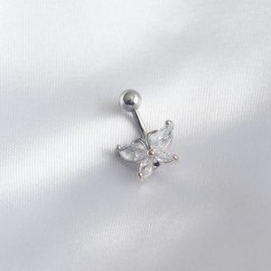 316L Cerrahi Çelik Gümüş Renk Zirkon Taş Kelebek Model Kadın Göbek Piercing