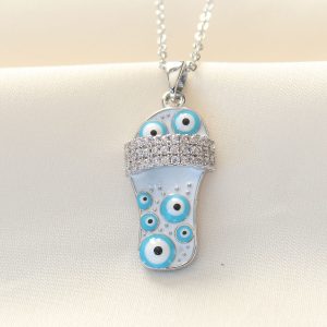 316L Zinciri Çelik Zirkon Taşlı Gümüş Renk Nazar Boncuklu Terlik Kolye