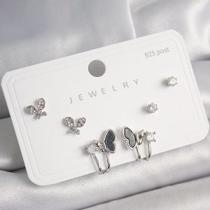 925 Ayar Gümüş Çivi Pirinç Gümüş Renk Zirkon Taşlı Kelebek Model Kadın Küpe Seti