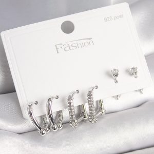 925 Ayar Gümüş Çivi Pirinç Gümüş Renk Zirkon Taşlı Tiffany Halka Model Kadın Küpe Seti