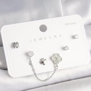 925 Ayar Gümüş Çivi Pirinç Gümüş Renk Zirkon Taşlı Yonca Model Sallantı Zincir Detay Kadın Küpe Seti