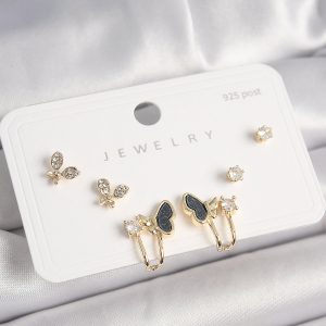 925 Ayar Gümüş Çivi Pirinç Zirkon Taşlı Kelebek Model Kadın Küpe Seti