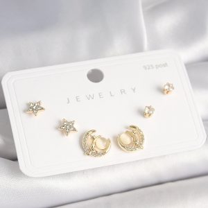 925 Ayar Gümüş Çivi Zirkon Taşlı Hilal Yıldız Model Kadın Küpe Seti