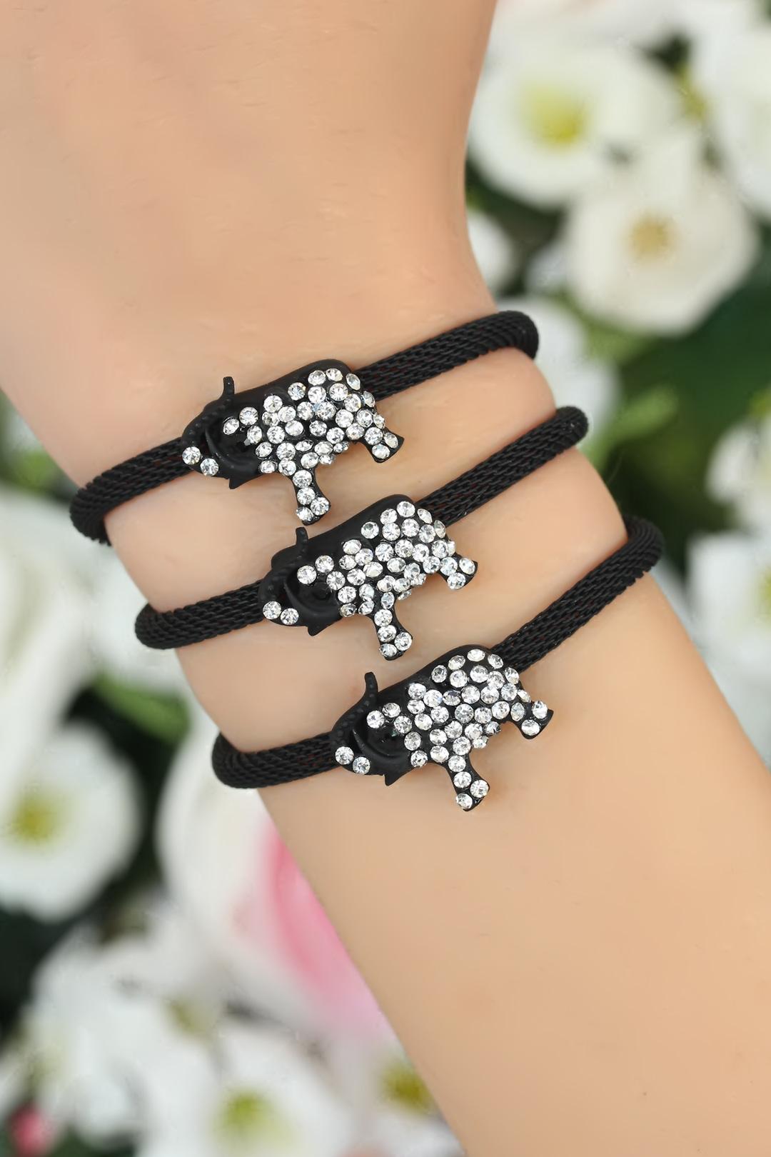 Siyah Zirkon Taşlı Fil Aksesuarlı Metal Bayan Bileklik