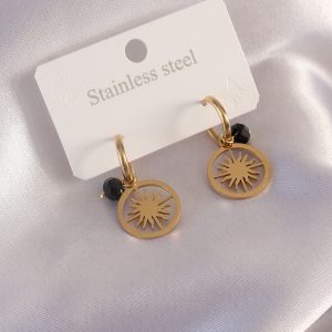 Çelik Gold Renk Güneş Figür Siyah Kristal Detay Kadın Küpe