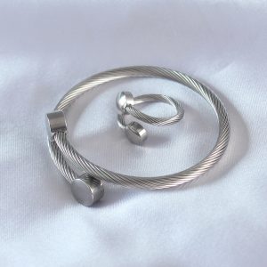 Çelik Gümüş Renk Sıkı Burgu Model Erkek Bileklik Yüzük Seti