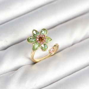 Çiçek Model Yeşil Pirinç Gold Renk Yüzük