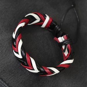 Bordo Beyaz Siyah Örgü Deri Erkek Bileklik