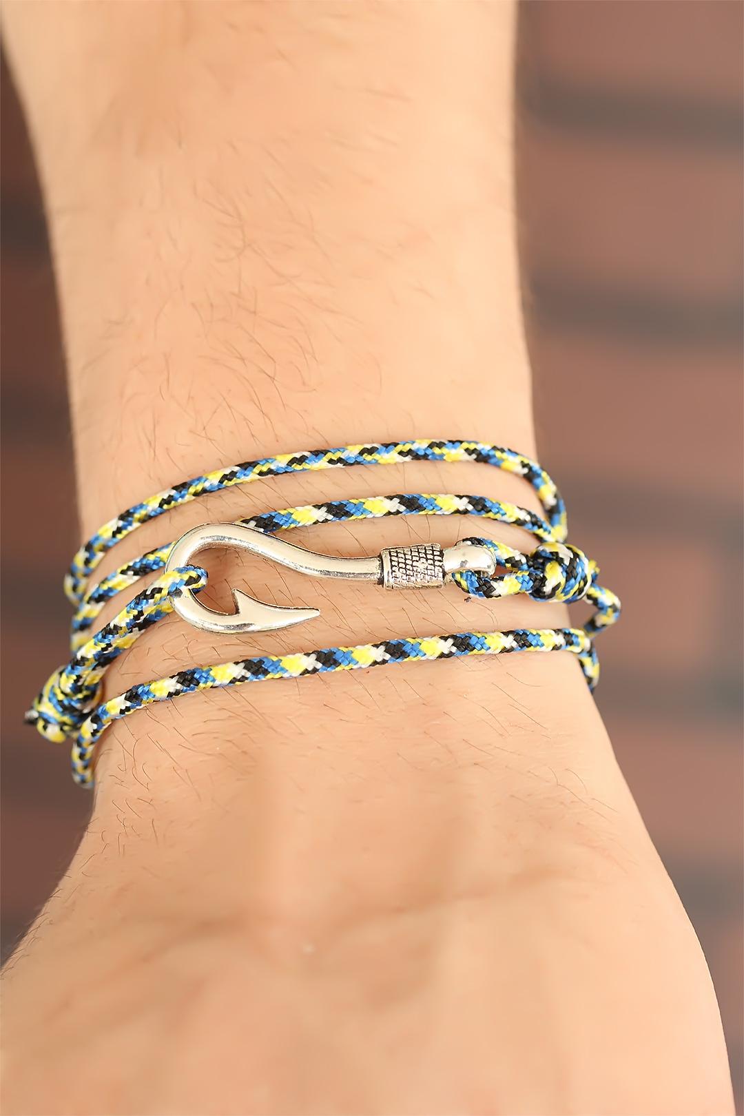 Sarı Mavi Çizgi Desenli Gümüş Renk Metal Kancalı Erkek Bileklik