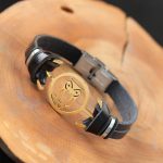 Gold Renk Baykuşlu Metal Aksesuarlı Siyah Renk Deri Erkek Bileklik