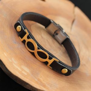 Gold Renk Sonsuzluklu Metal Aksesuarlı Siyah Deri Erkek Bileklik