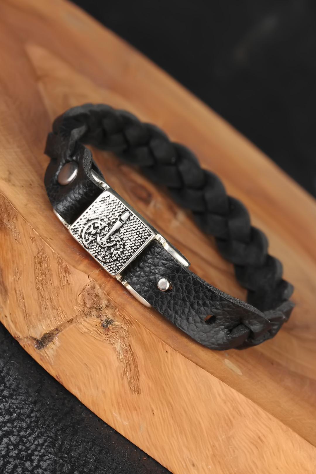 Siyah Örgü Model Deri Erkek Bileklik