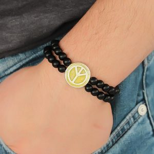 Sarı Metal Barış Simgesi Tasarımlı Siyah Renk Mat Oniks Doğal Taş Erkek Bileklik