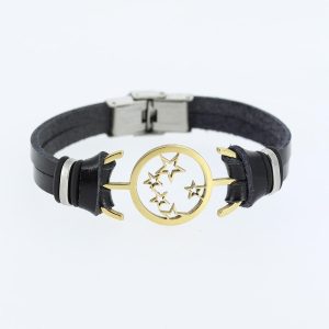 Gold Renk Yıldız Figürlü Metal Aksesuarlı Siyah Renk Deri Erkek Bileklik