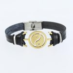 Gold Renk Yin Yang Figürlü Metal Aksesuarlı Siyah Renk Deri Erkek Bileklik
