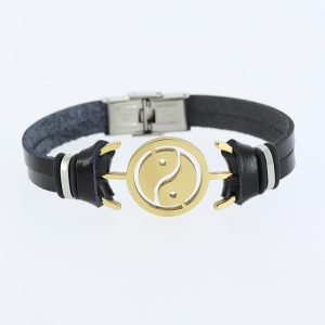 Gold Renk Yin Yang Figürlü Metal Aksesuarlı Siyah Renk Deri Erkek Bileklik