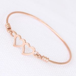 Rose Çelik Çift Kalp Figürlü Erkek Kelepçe Bileklik