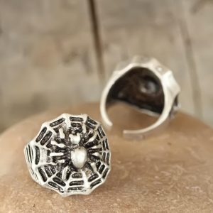 Eskitme Gümüş Renk Örümcek Figürlü Erkek Ayarlamalı Yüzük