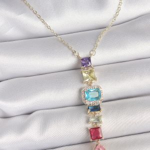 Gold Karışık Renk Zirkon Taşlı Y Pirinç Kolye