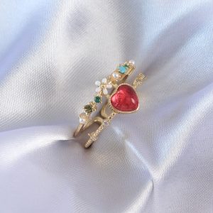 Gold Renk Kırmızı Zirkon Taş Kalp Model Pirinç Kadın Yüzük