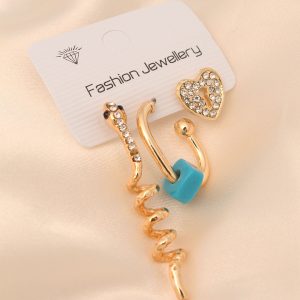 Gold Renk Metal Zirkon Taşlı Yılan ve Kalp Detaylı Küpe Seti