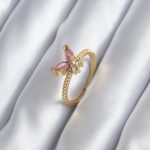 Gold Renk Pembe Zirkon Taşlı Kelebek Model Kadın Yüzük