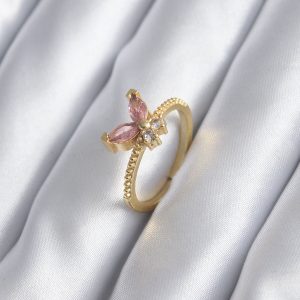 Gold Renk Pembe Zirkon Taşlı Kelebek Model Kadın Yüzük
