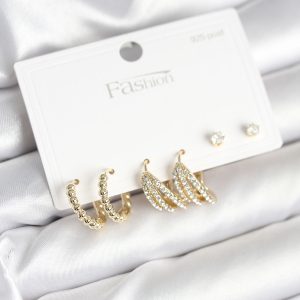 Gold Renk Pirinç 925 Ayar Gümüş Çivili Kadın Küpe Seti