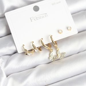 Gold Renk Pirinç Kelebek Model 925 Ayar Gümüş Çivili Kadın Küpe Seti