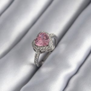 Gümüş Renk Pembe Zirkon Taşlı Charm Kalp Model Kadın Yüzük