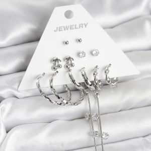 Gümüş Renk Pirinç 6'lı Kadın Küpe Seti